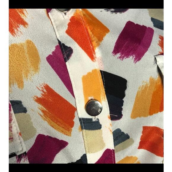 Anne Klein Novelty Print Mandarin Neck Blouse Medium Silver Buttons - Picture 12 of 14